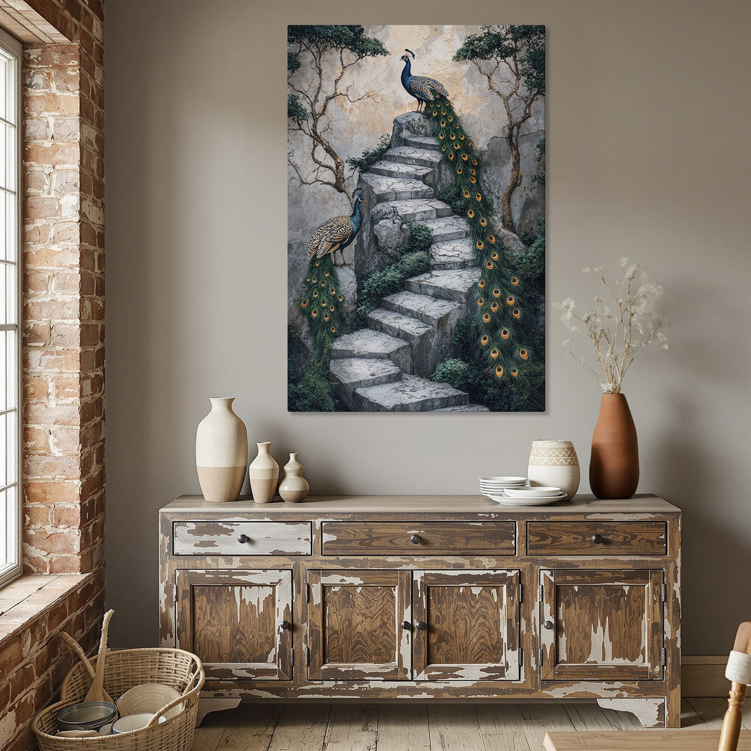 Framed Wall Art: Peacock painting with a gold frame, featuring a vibrant blue, green, and gold color palette. Adds elegance to any interior.
