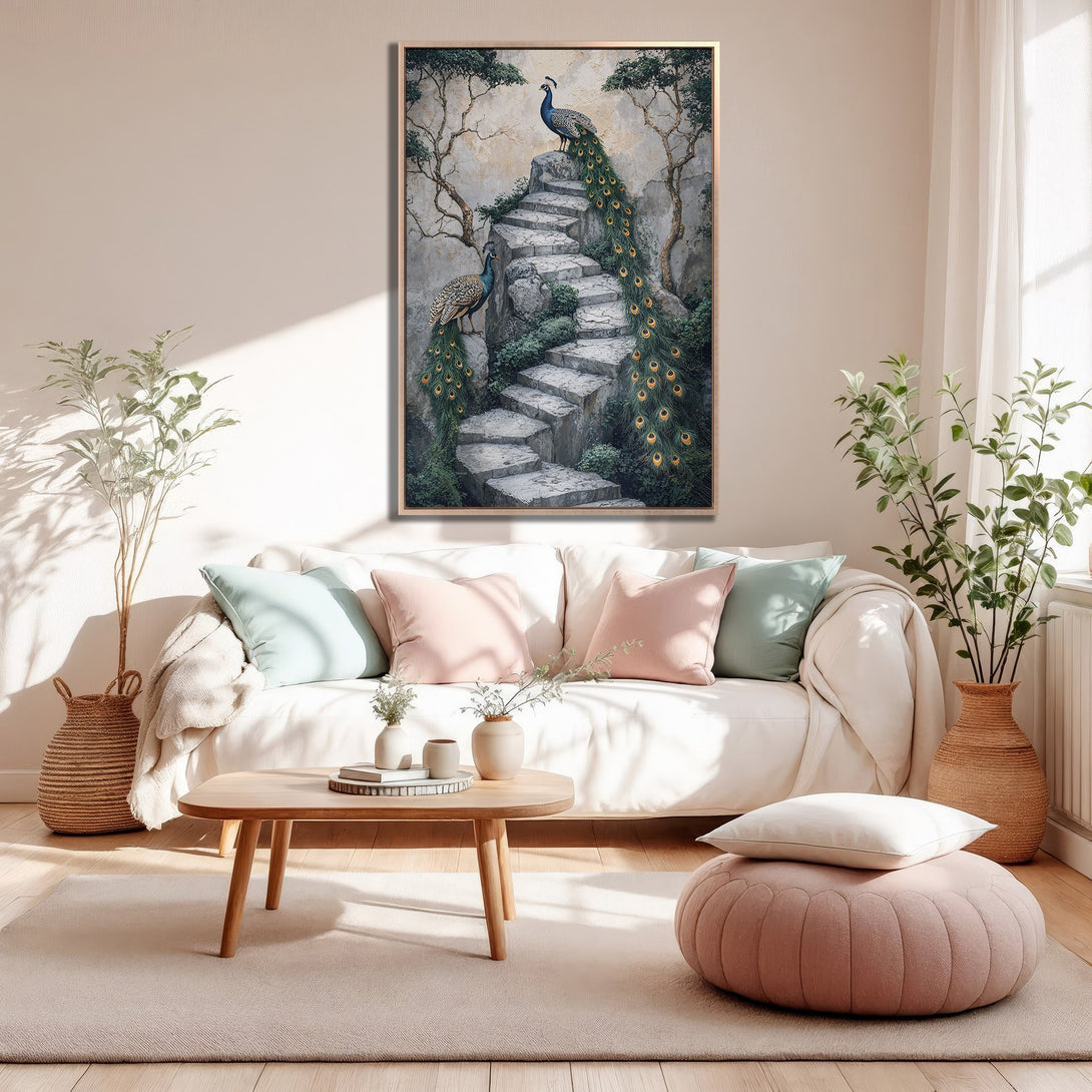 Framed Wall Art featuring peacocks on a stone staircase. Neutral tones with pops of blue and green. Perfect for adding elegance to your living room.