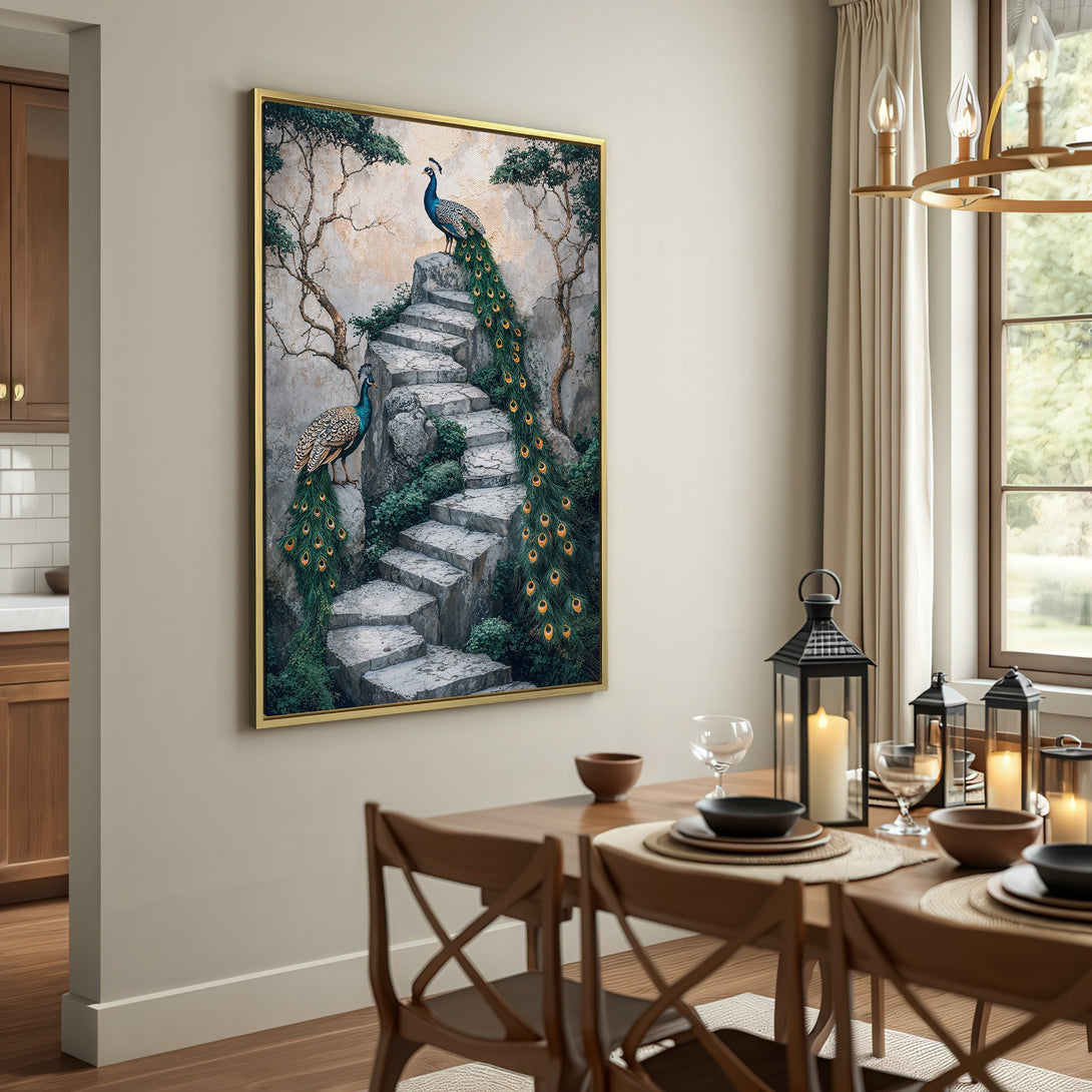 Canvas Print of peacocks on stone steps, nature-inspired art in a neutral color palette, perfect for adding a touch of elegance to any room.