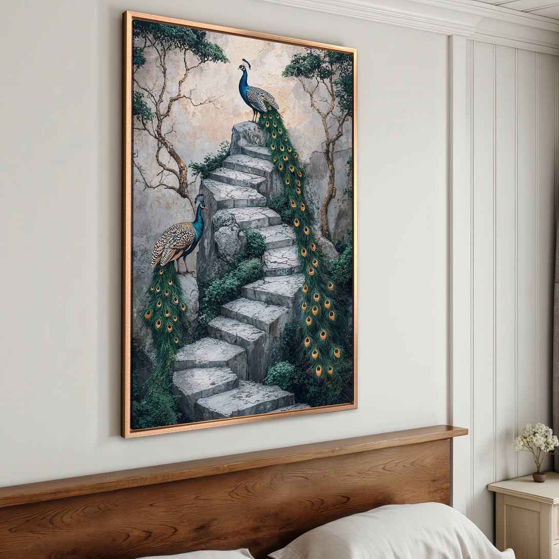 Framed Wall Art featuring peacocks on stone steps. Earthy tones with pops of blue and green. Elegant wall decor for a stylish home.