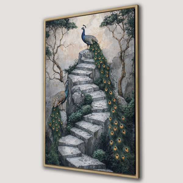 Framed Wall Art: Majestic peacock canvas print. Features a stone staircase, lush greens, and a warm, earthy color palette. Perfect for adding elegance to your space.