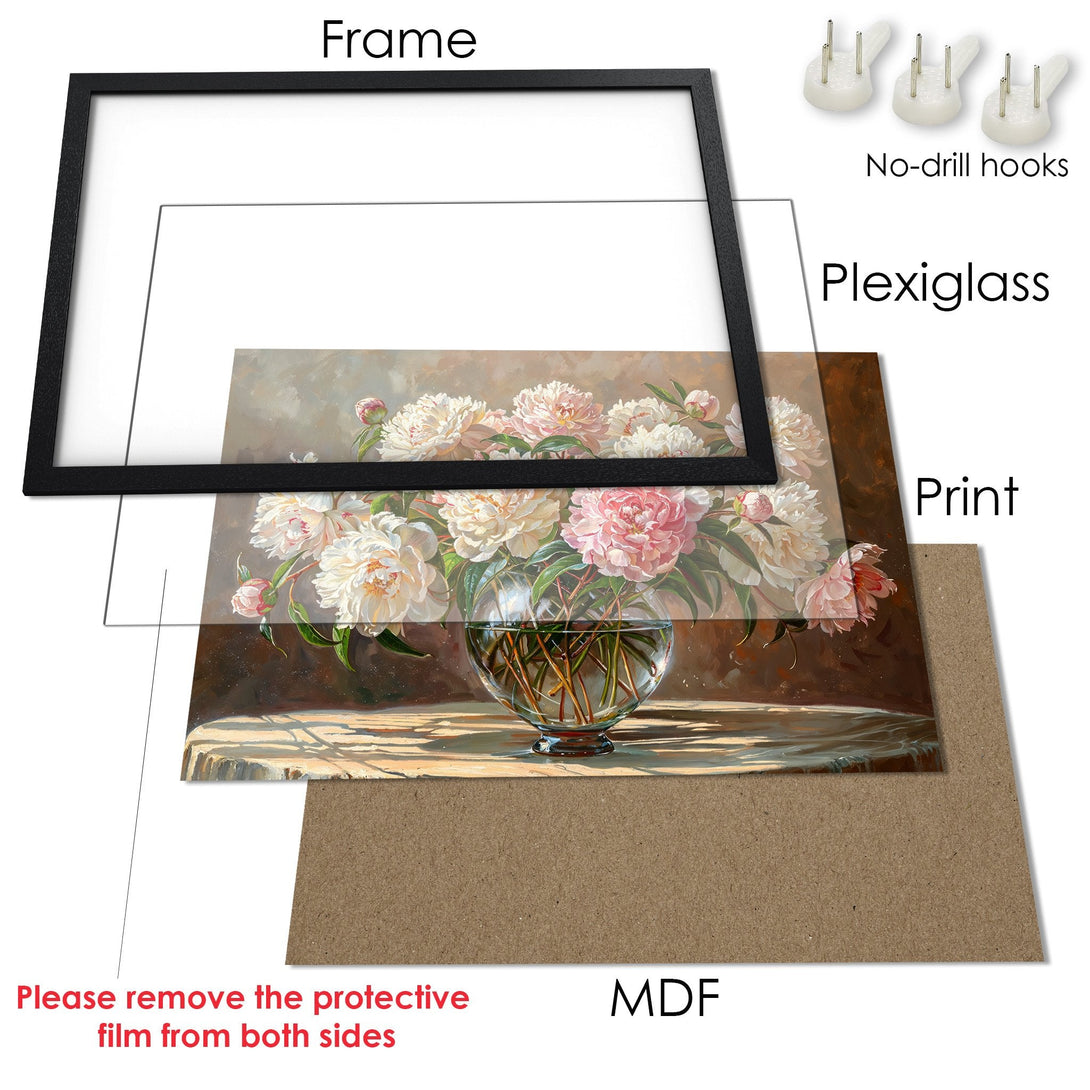Framed Poster featuring a floral still life in a soft, warm color palette. Perfect art for your home!