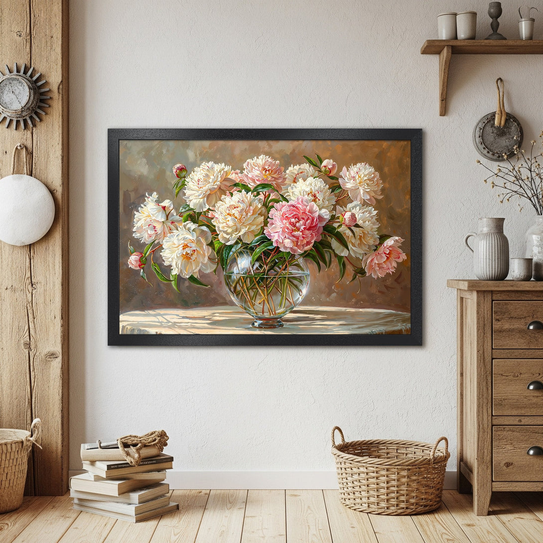 Framed Poster featuring a floral still life of peonies in a glass vase. Soft, warm color palette with pink and white blooms.