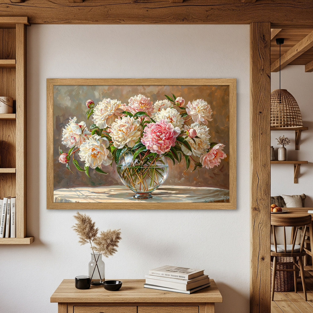 Framed Poster featuring a floral still life of peonies in a glass vase. Romantic style, soft pinks, whites, and browns create a warm, inviting aesthetic.
