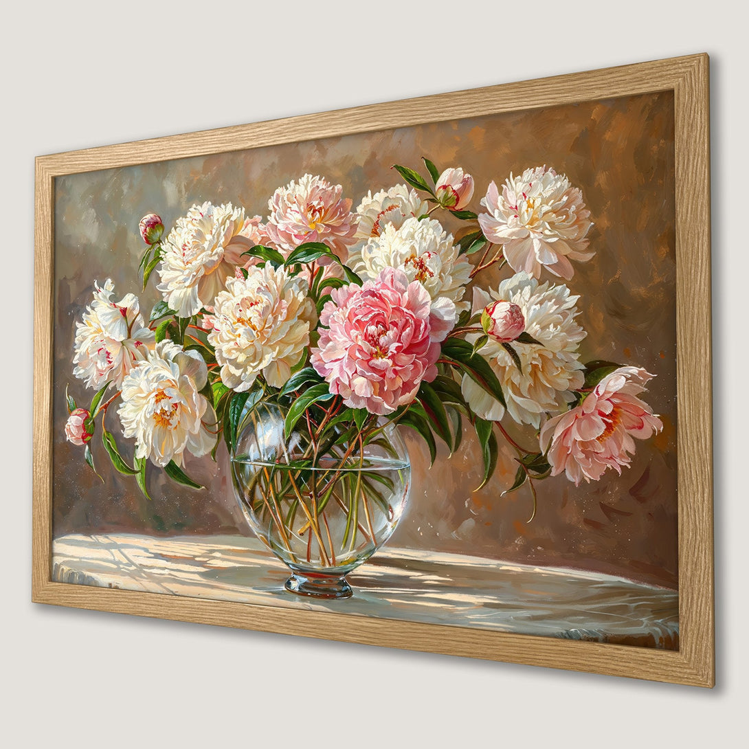 Framed Poster featuring a floral still life with peonies in a warm, inviting color palette.