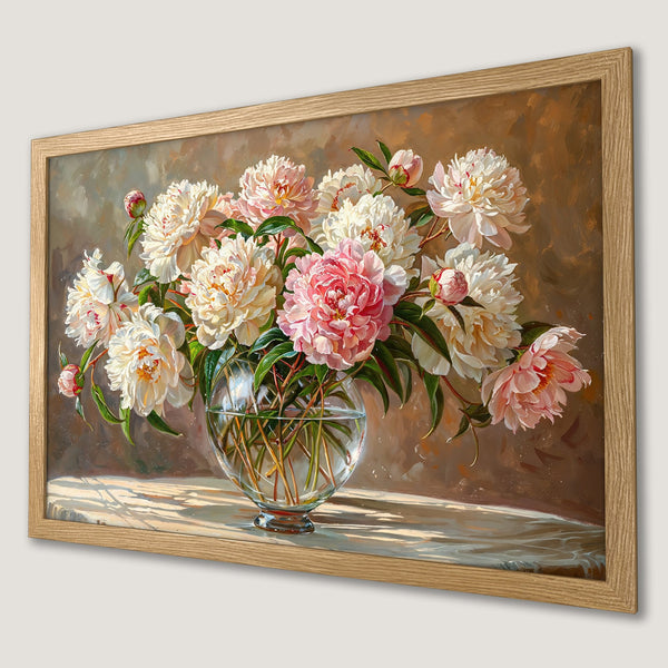 Framed Poster featuring a floral still life with peonies in a warm, inviting color palette.