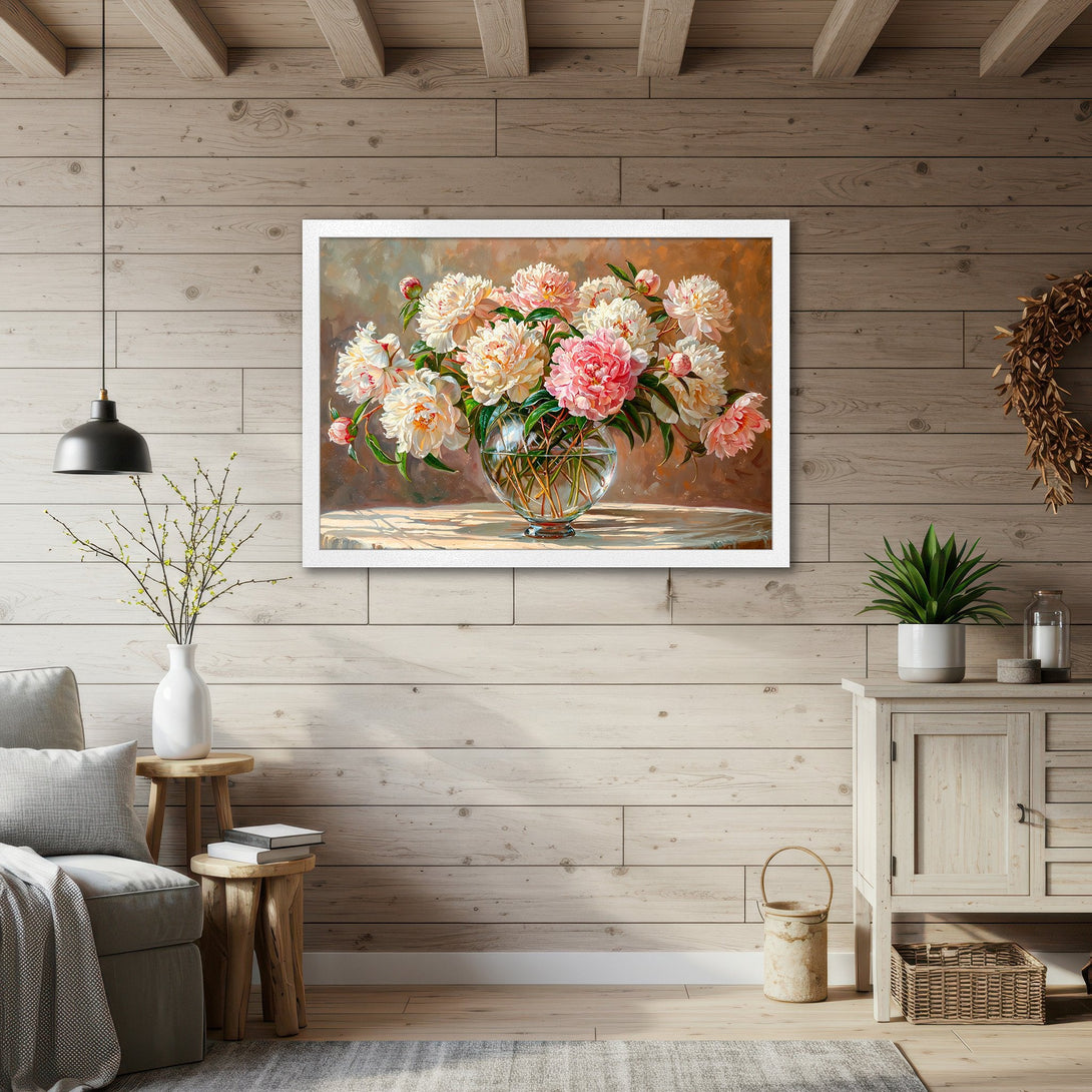Framed Poster featuring a floral still life. Soft, painterly style with a warm, neutral color palette. Perfect wall art for any home.