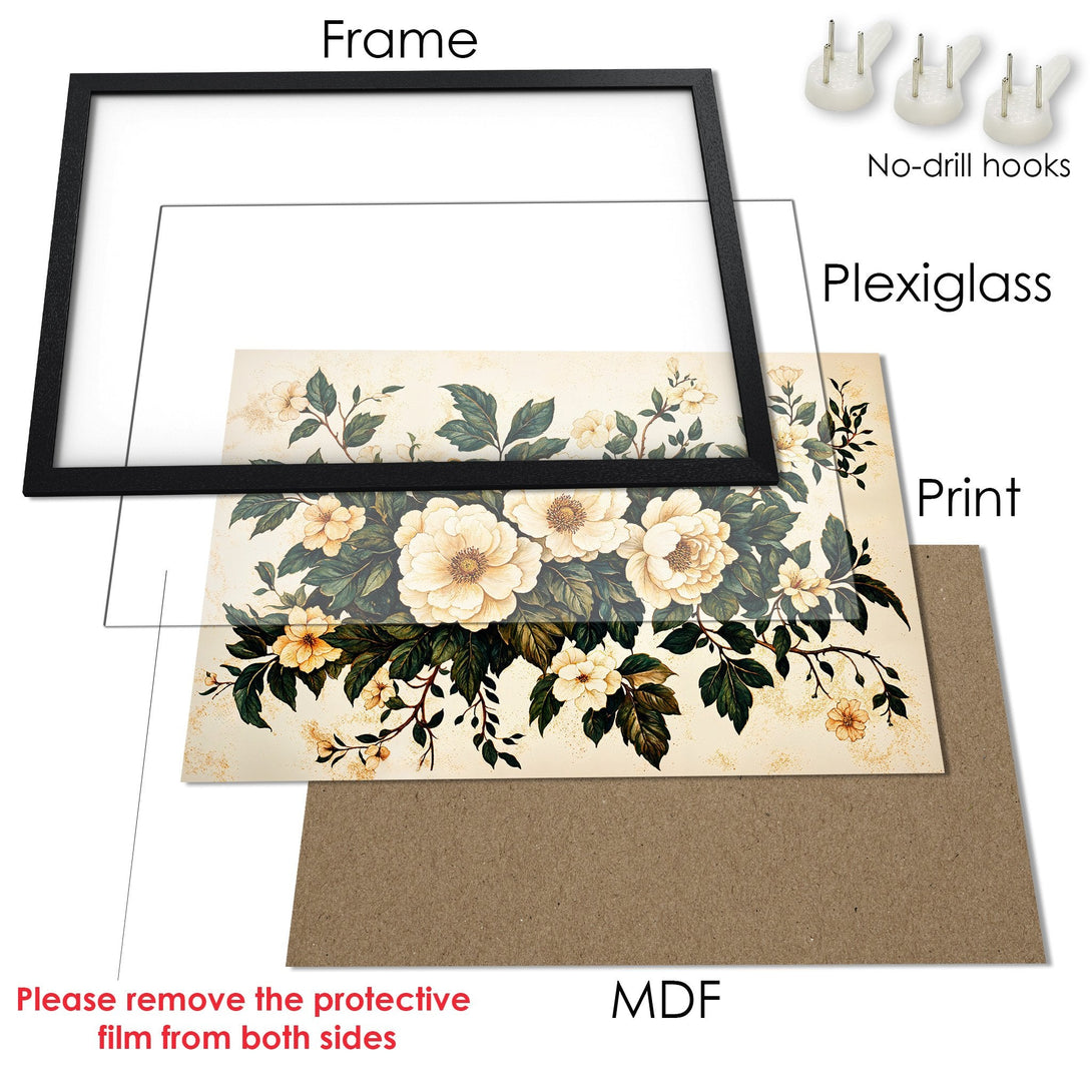Framed Poster featuring floral art in a vintage style with cream, green, and gold tones. Perfect wall decor!