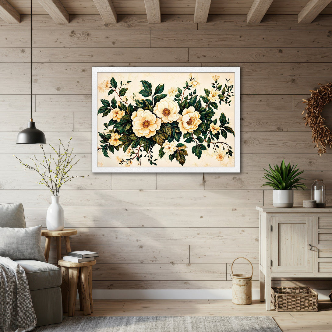 Framed Poster featuring watercolor floral art in a warm, neutral color palette, perfect for adding elegance to any space.