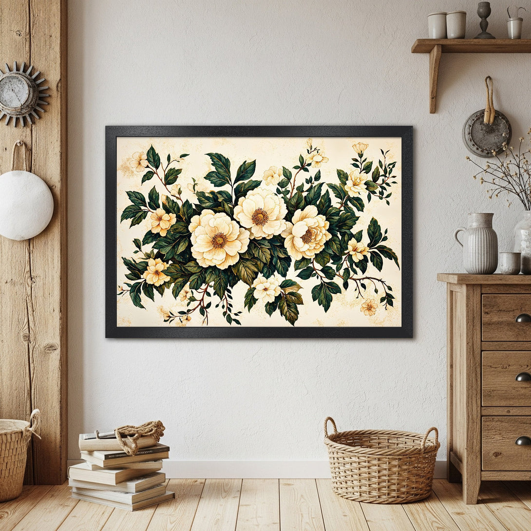 Framed Poster of floral artwork in vintage style with cream, green, and yellow color palette. Perfect wall decor.