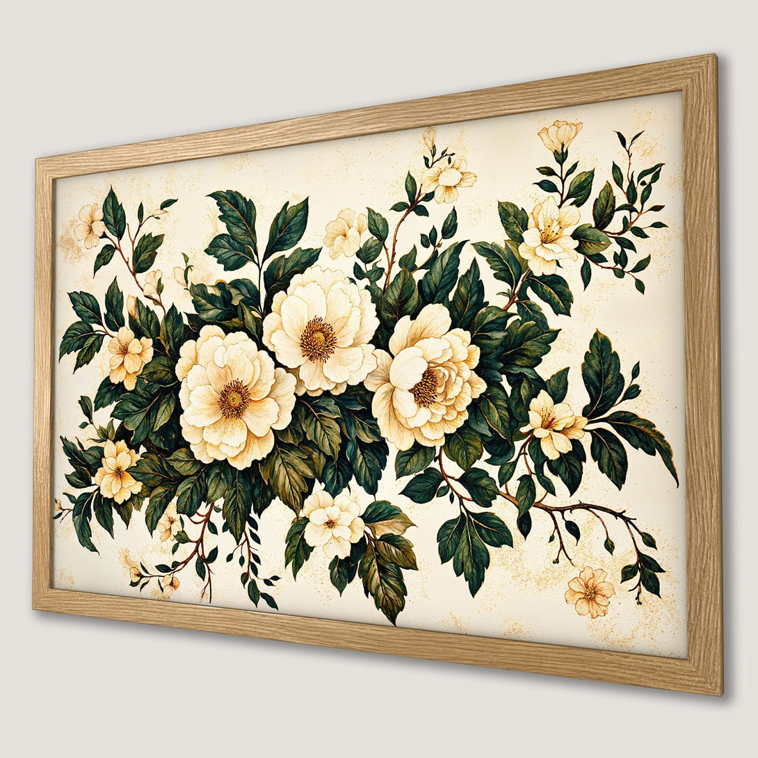 Framed Poster featuring botanical illustration of creamy white flowers and green leaves, vintage style, warm color palette.