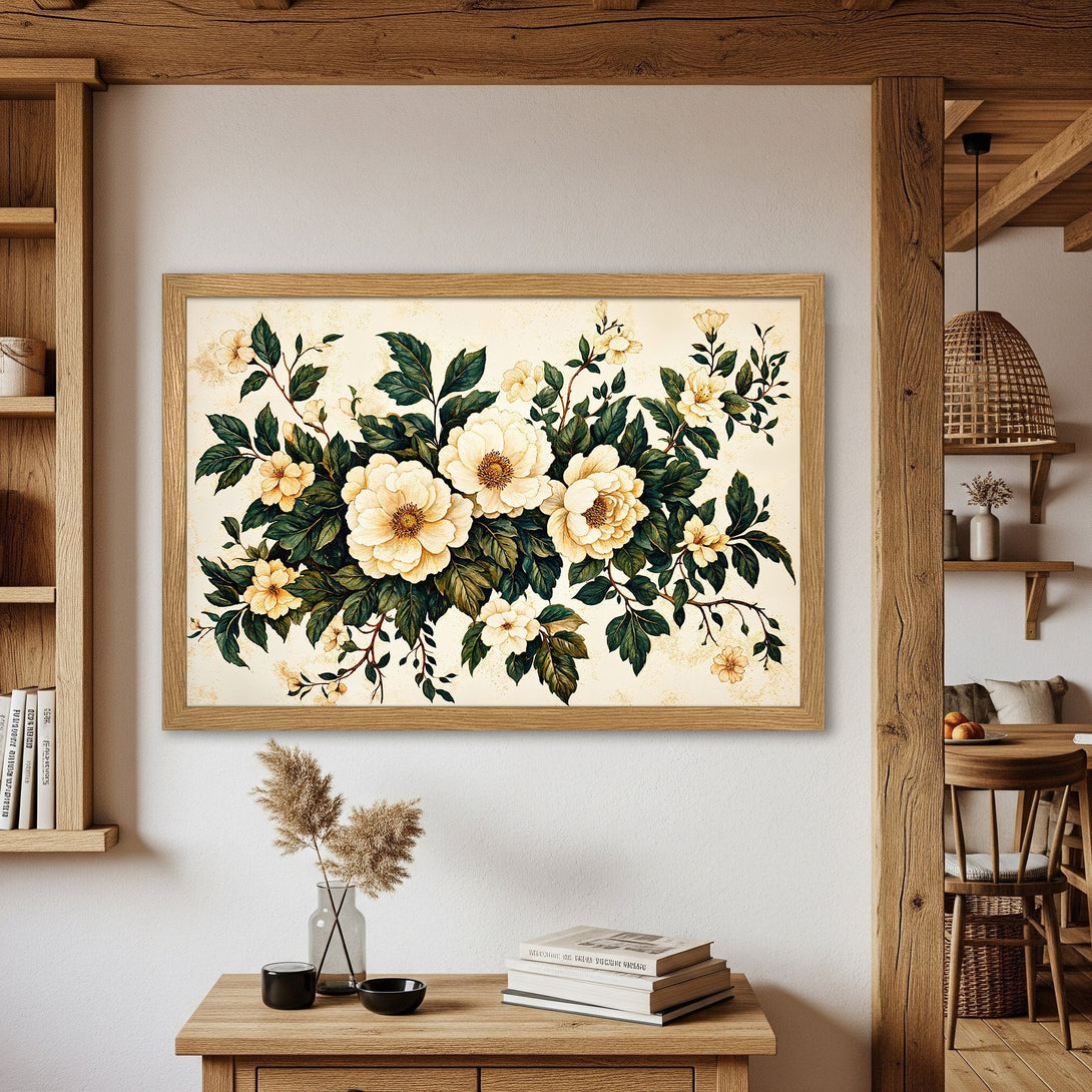 Framed Poster featuring a floral botanical print in a vintage style, with cream, green, and yellow tones. Add a touch of elegance!