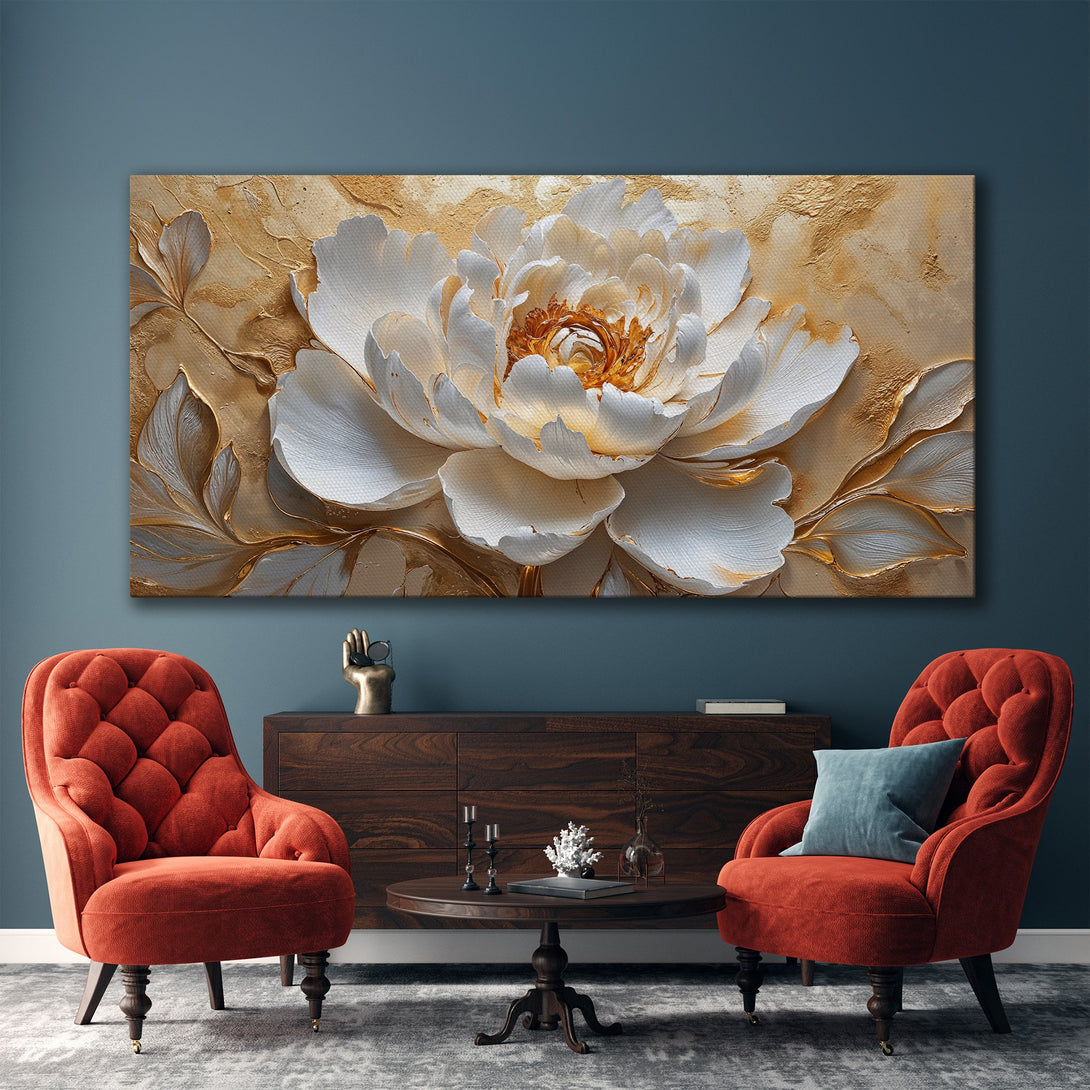 Framed Wall Art featuring a textured white peony. Elegant, modern style with neutral and gold color palette. Perfect for adding sophistication to your space.