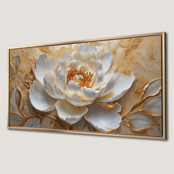 Framed Wall Art featuring a textured white peony with gold accents on a warm, neutral background. Elegant floral art for your home decor.