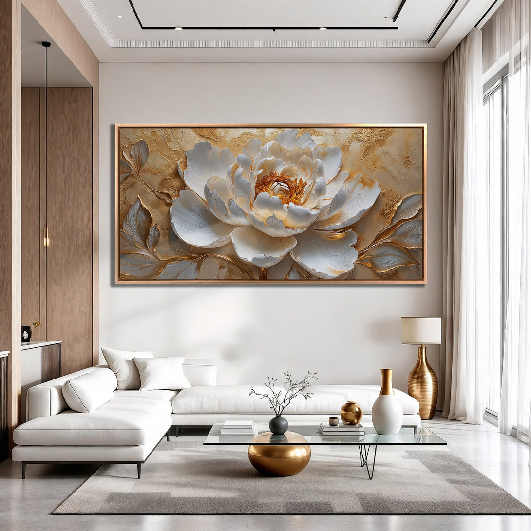 Framed Wall Art: Stunning floral canvas print in a modern interior. Features a white and gold color palette, adding elegance to any space.