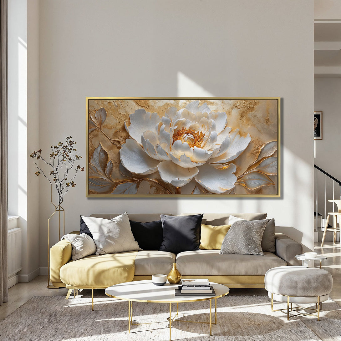 Canvas Print of a large, elegant white flower with gold accents. Luxurious art in a warm, neutral color palette. Perfect for home decor.