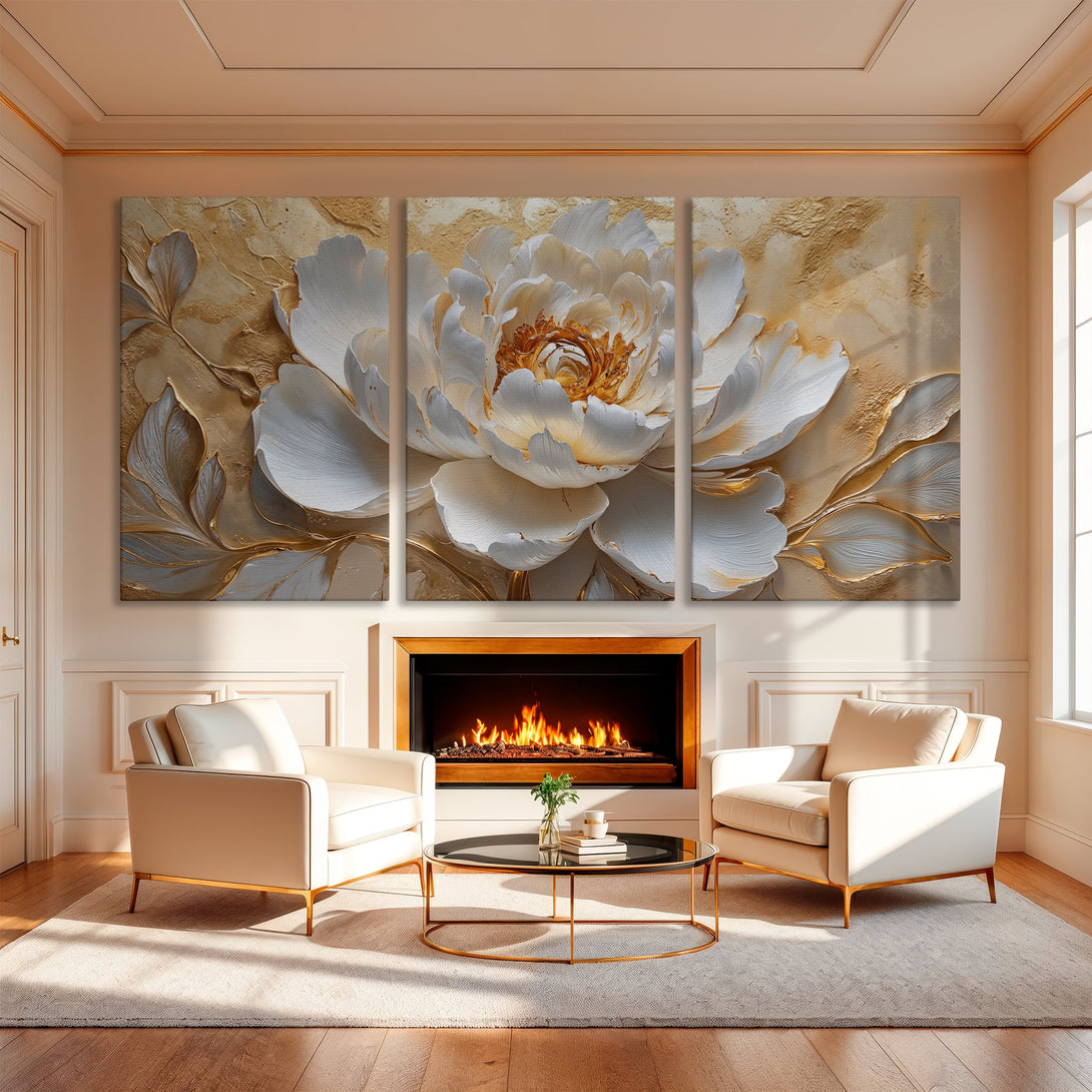 Canvas Print: Elegant floral art in neutral tones. Modern interior decor featuring a large white flower with gold accents. Perfect for living room or bedroom.