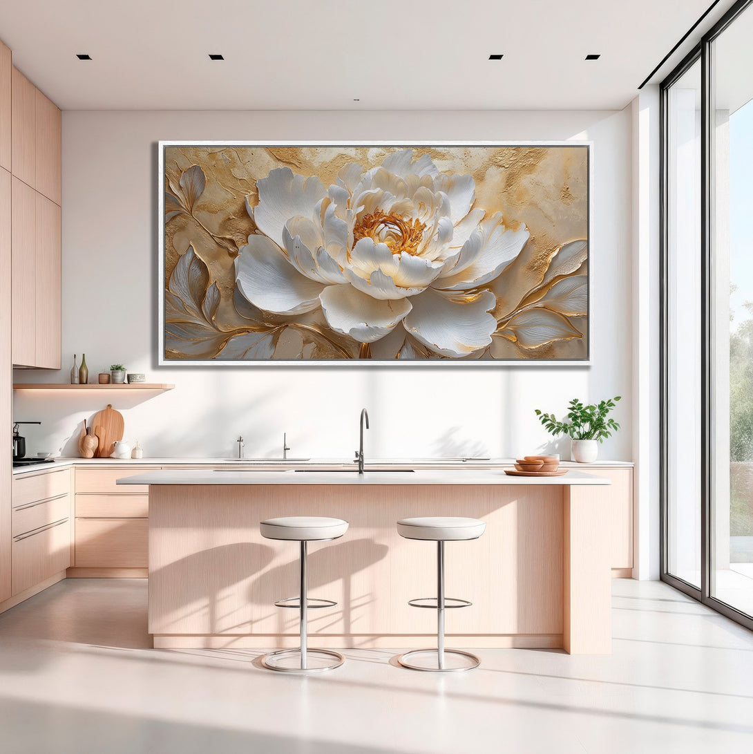 Framed Wall Art: Elegant white & gold floral Canvas Print. Modern, textured art piece with a warm, neutral color palette, perfect for kitchen decor.