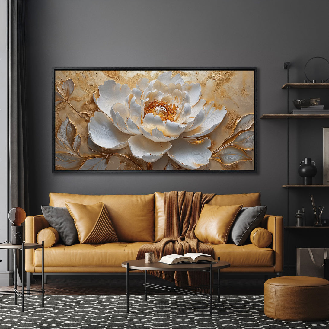 Framed Wall Art: Stunning floral canvas print in neutral tones. Modern art with a luxurious gold and white palette, perfect for living room decor.