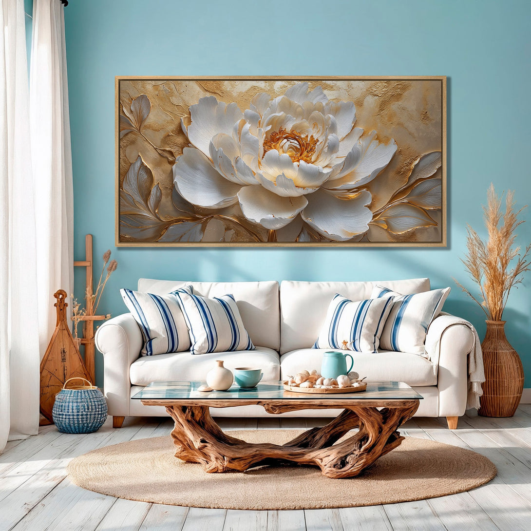 Framed Wall Art: Elegant floral canvas print in gold, white, and teal. Adds a touch of luxury to any interior space. Shop now!