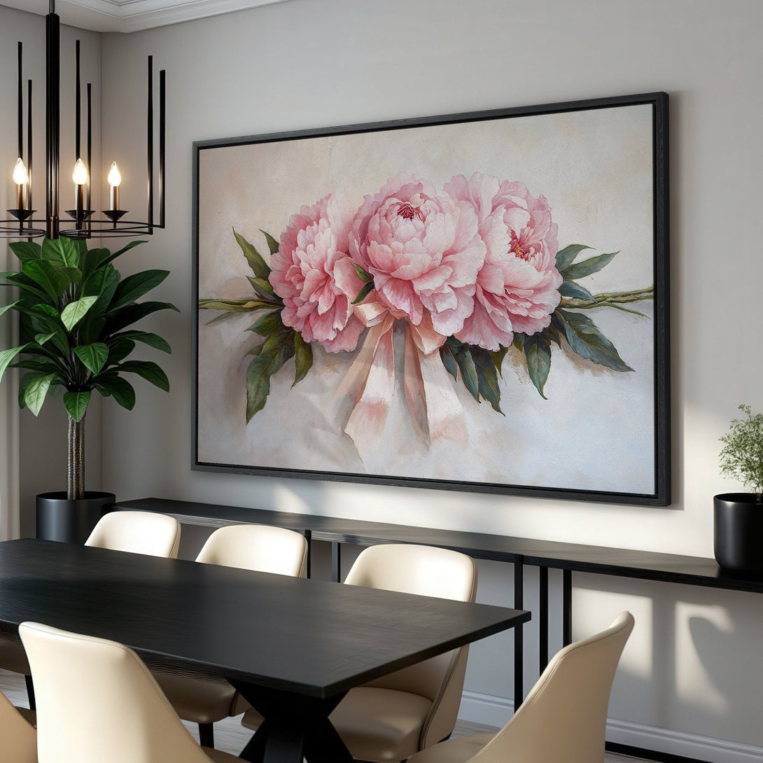 Framed Wall Art: Elegant peony painting in soft pinks & greens. Perfect for adding a touch of floral art to your home decor.