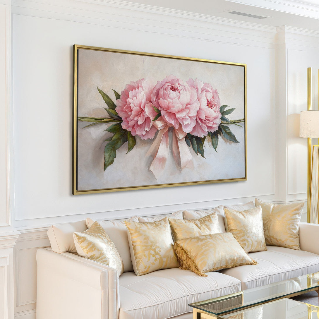 Canvas Print of pink peony floral art in a modern living room. Soft, pastel color palette adds a touch of elegance to any space.