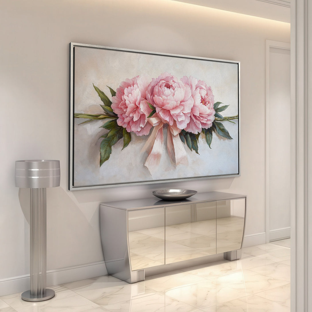 Framed Wall Art featuring a beautiful peony bouquet. Soft pink and green floral art on a neutral background, perfect for adding elegance to your space.