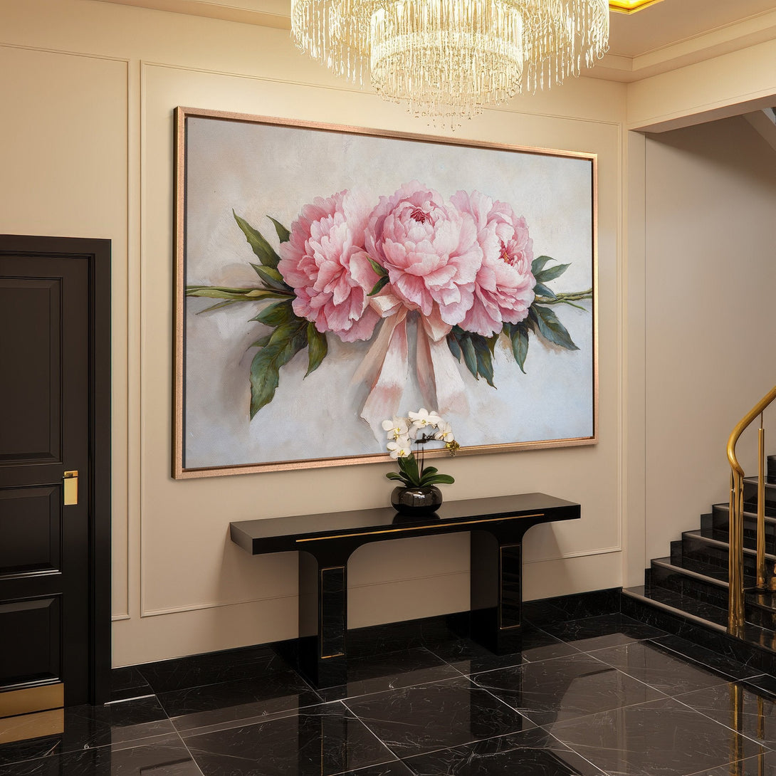 Framed Wall Art featuring a beautiful pink peony bouquet. Elegant floral art in a soft, neutral color palette, perfect for adding a touch of luxury to any space.