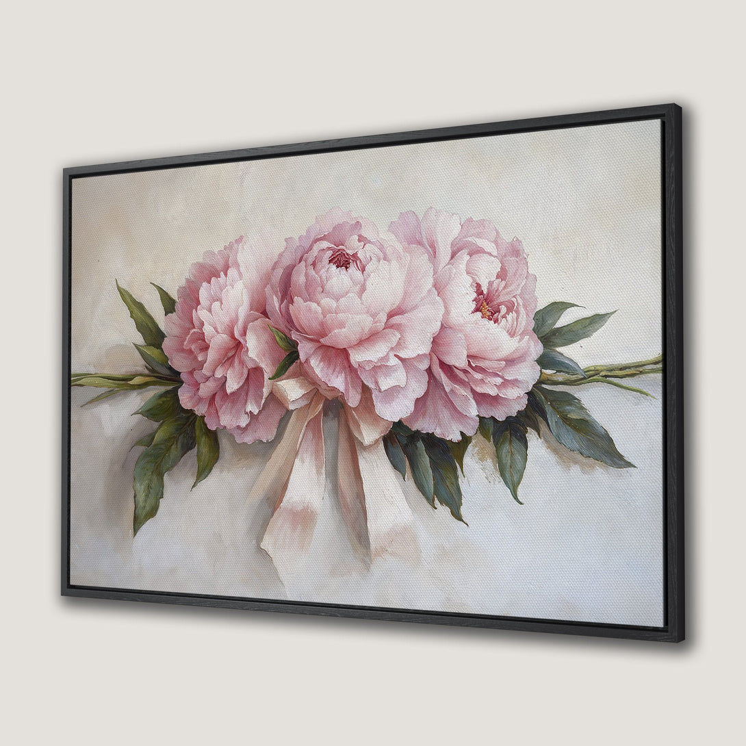 Framed Wall Art featuring a beautiful peony bouquet in soft pink hues. Elegant floral art perfect for any room.