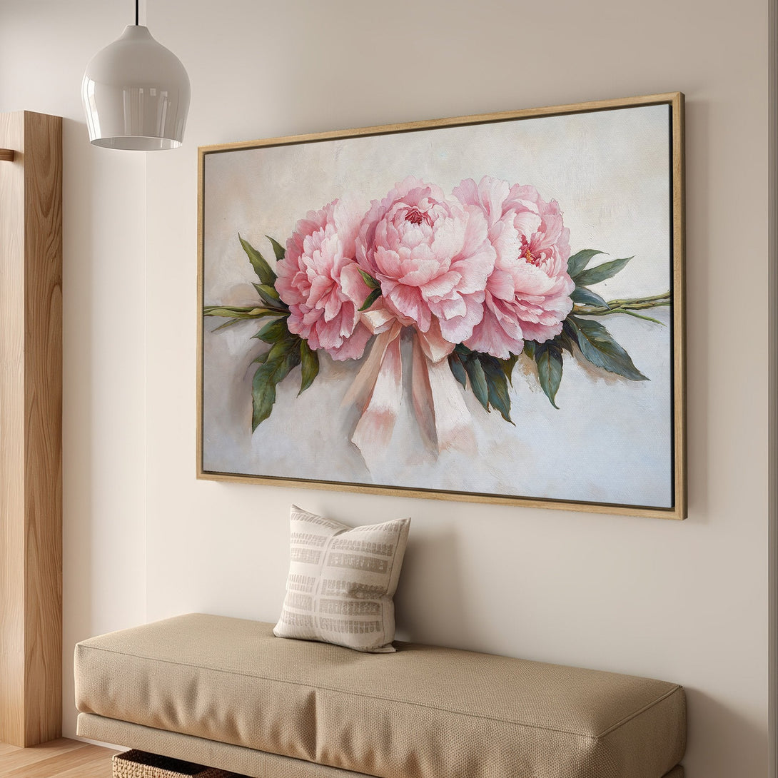 Framed Wall Art featuring pink peony flowers. Elegant floral art in a soft, neutral palette. Perfect for adding a touch of beauty to any space.