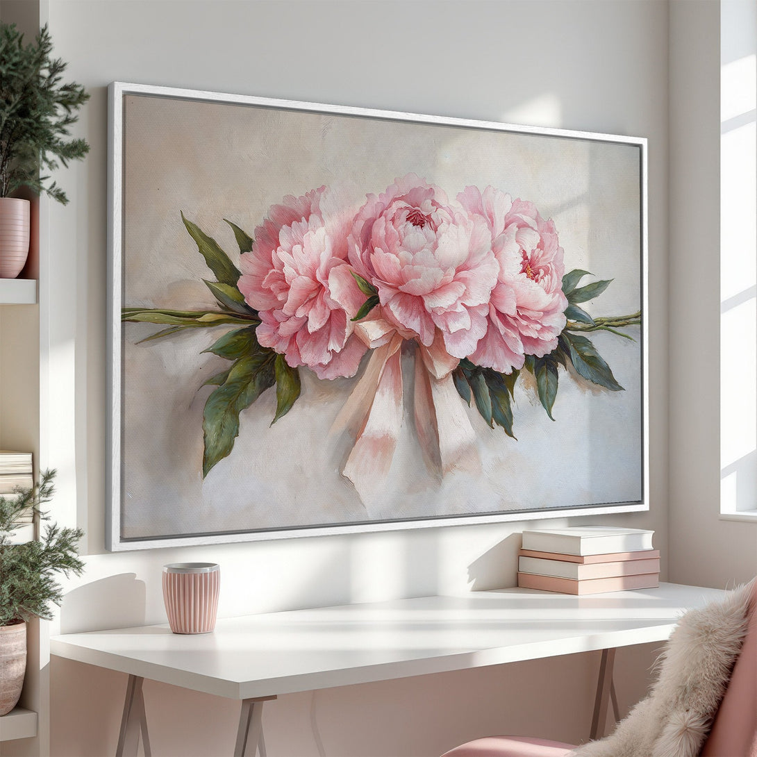 Framed Wall Art: Delicate pink peony painting. Soft, romantic style with a neutral color palette. Perfect floral decor for any room.