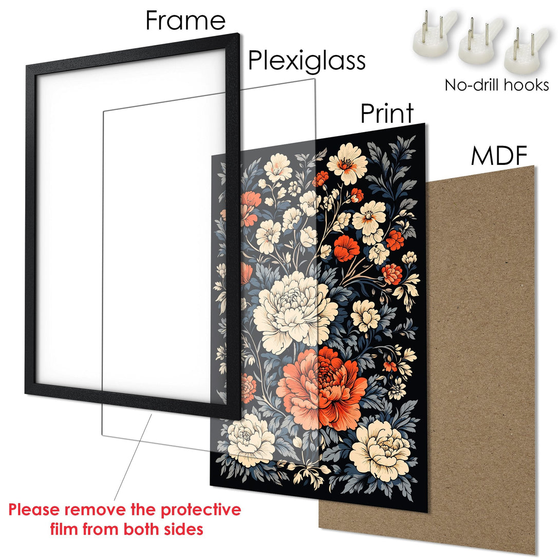 Framed Poster featuring floral design in a black frame. Elegant style with a black, orange, and cream color palette. Perfect wall art!