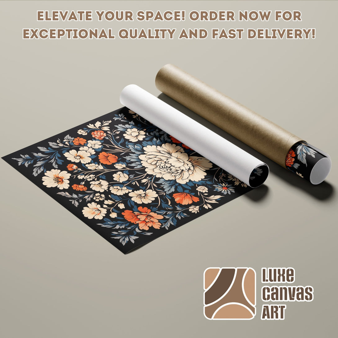 Floral Poster Roll in a dark, elegant style with orange, blue, and cream tones. Elevate your space with Luxe Canvas Art!