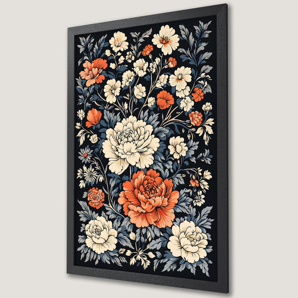 Framed Poster featuring floral design in orange, cream, and blue on a black background. Perfect wall art for your home!
