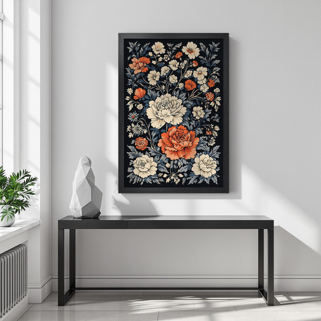 Framed Poster featuring floral design in a vintage style with orange, cream, and blue hues on a black background. Perfect wall art!
