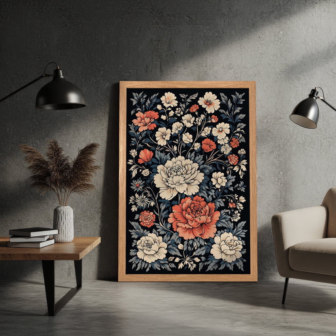 Framed Poster featuring a floral design in a vintage style with a black background and a palette of coral, cream, and blue.