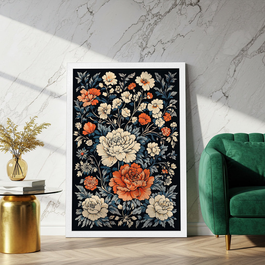 Framed Poster featuring a vibrant floral design in a vintage style with orange, cream, and blue hues. Perfect wall art for any room!