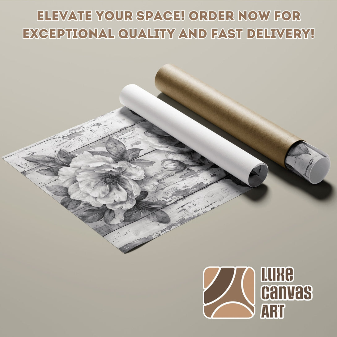 Monochrome floral Poster Roll art, rustic style, neutral color palette. Order now!