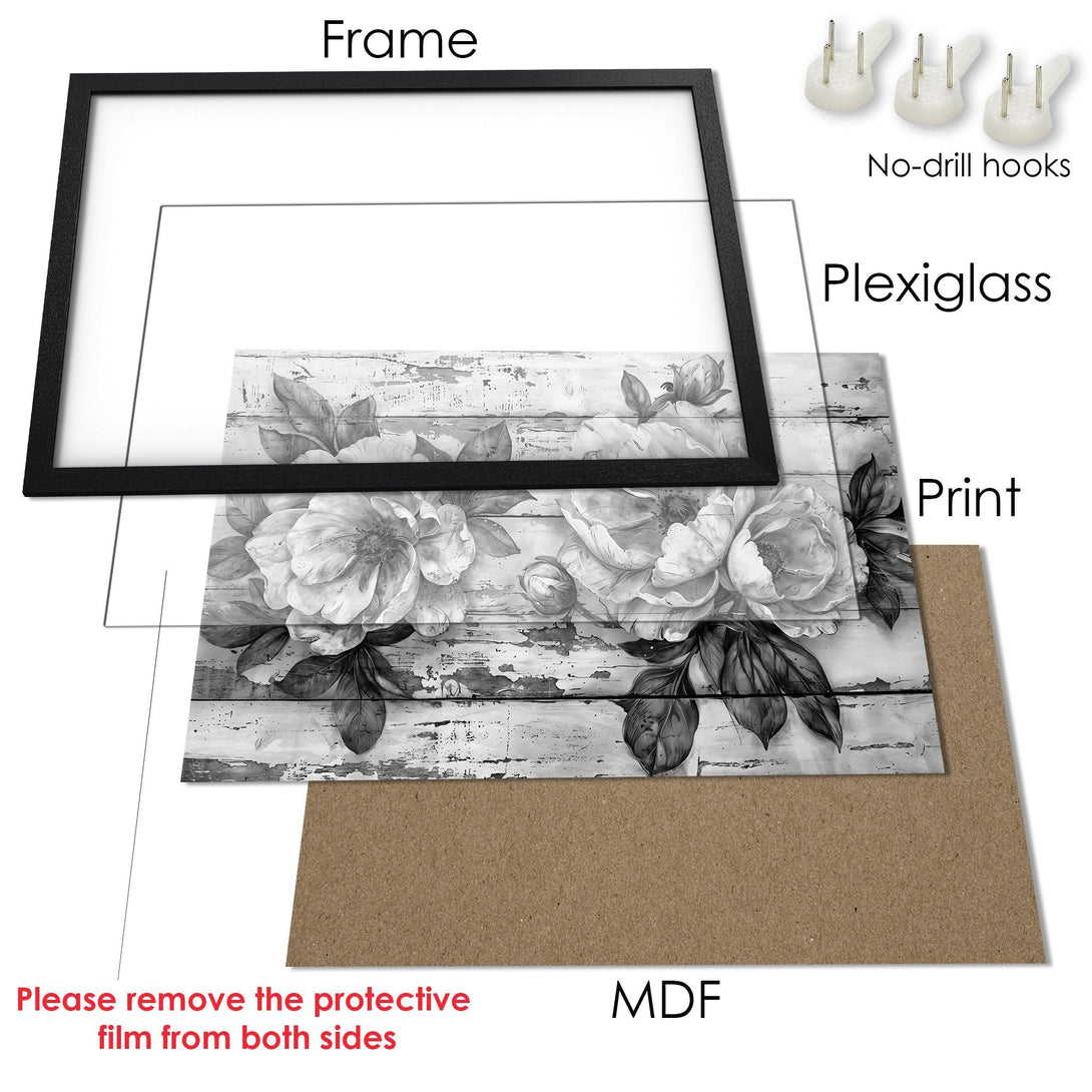 Framed Poster featuring floral art in a grayscale palette. Elegant, timeless decor for your home.