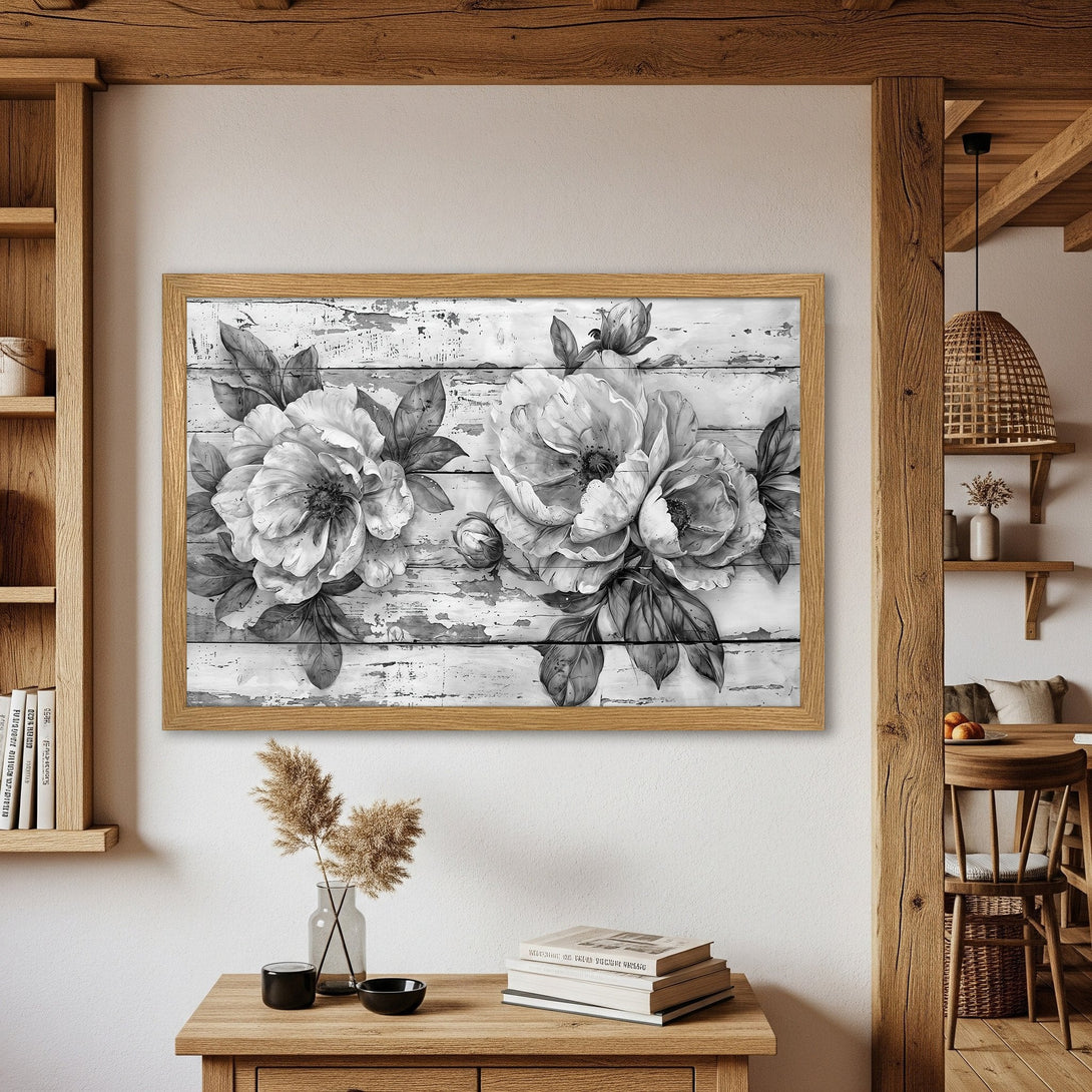 Framed Poster featuring elegant black and white floral art. Rustic style with a neutral color palette, perfect for home decor.
