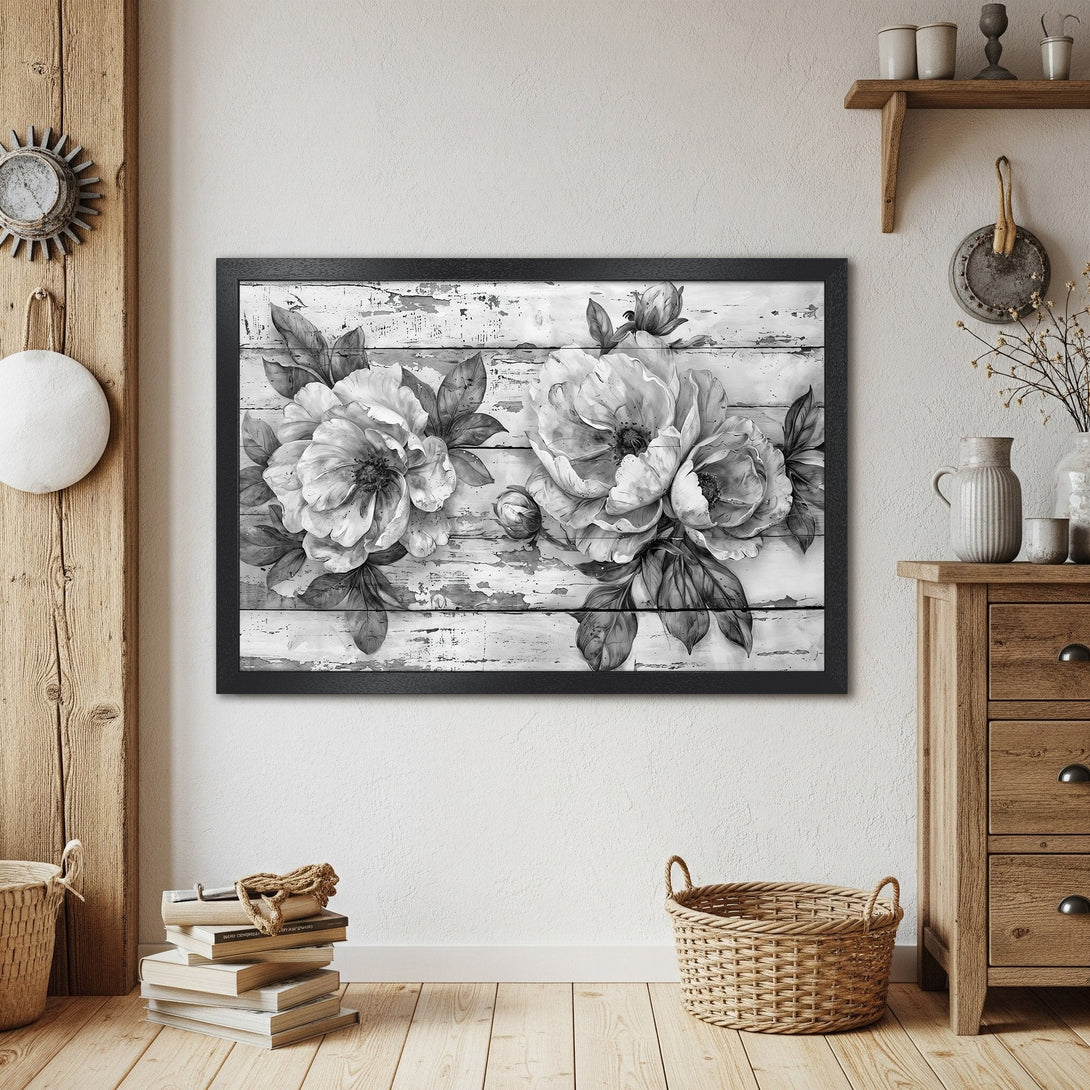 Framed Poster featuring elegant black and white floral art. Perfect for adding a touch of sophistication to your home decor.