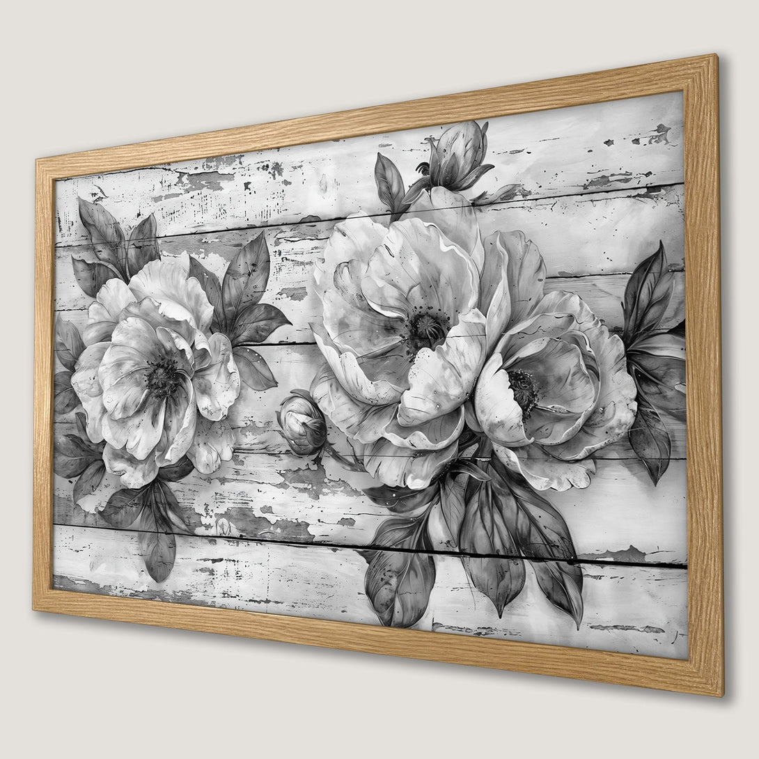 Framed Poster featuring elegant floral art in grayscale, perfect for adding a touch of sophistication to any space.