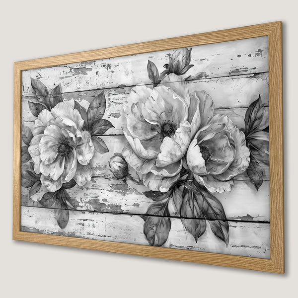 Framed Poster featuring elegant floral art in grayscale, perfect for adding a touch of sophistication to any space.