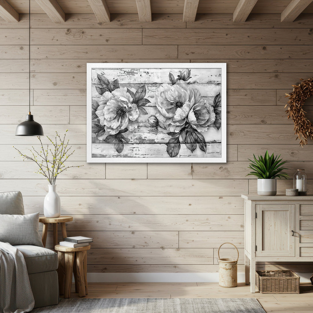 Framed Poster featuring elegant black and white floral art. Perfect for adding a touch of sophistication to any space. Modern style.