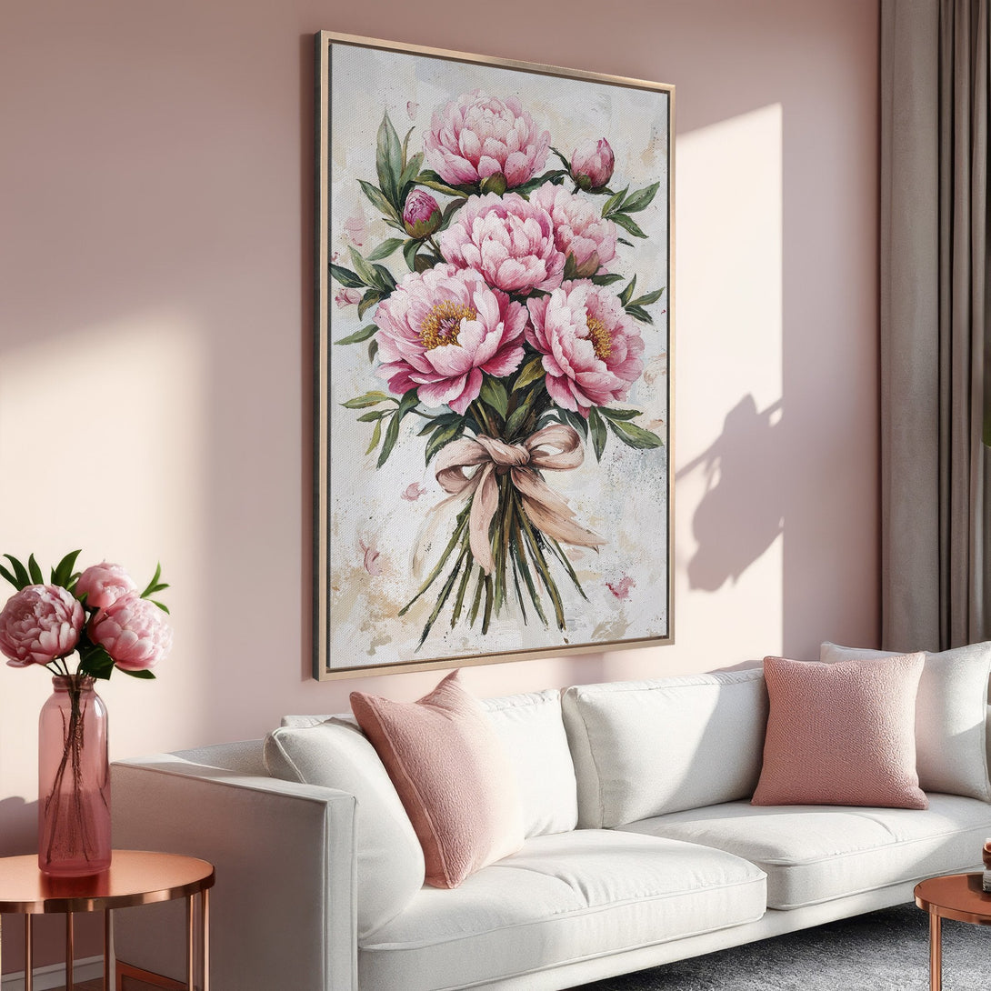 Framed Wall Art featuring a bouquet of pink peonies. Romantic, floral artwork in a soft, pastel color palette. Perfect for adding elegance to your home decor.