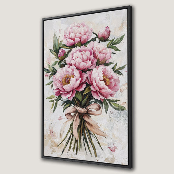 Framed Wall Art featuring a beautiful peony bouquet in soft pink hues. Elegant floral artwork for a touch of sophistication. Perfect for home decor.