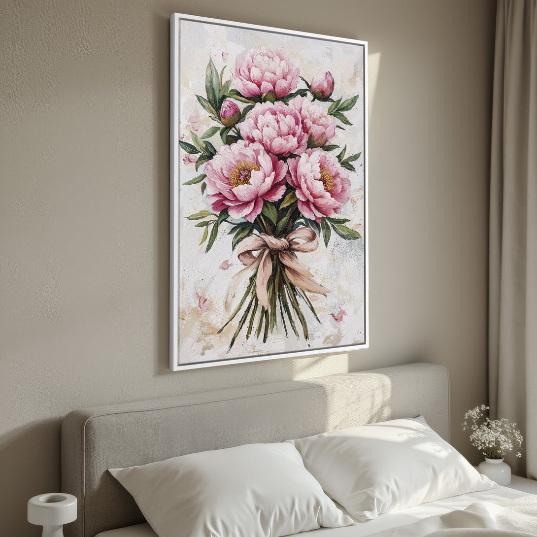 Framed Wall Art: Pink peony bouquet painting in a bedroom. Romantic floral art with a soft, neutral color palette. Perfect for adding elegance to your space.