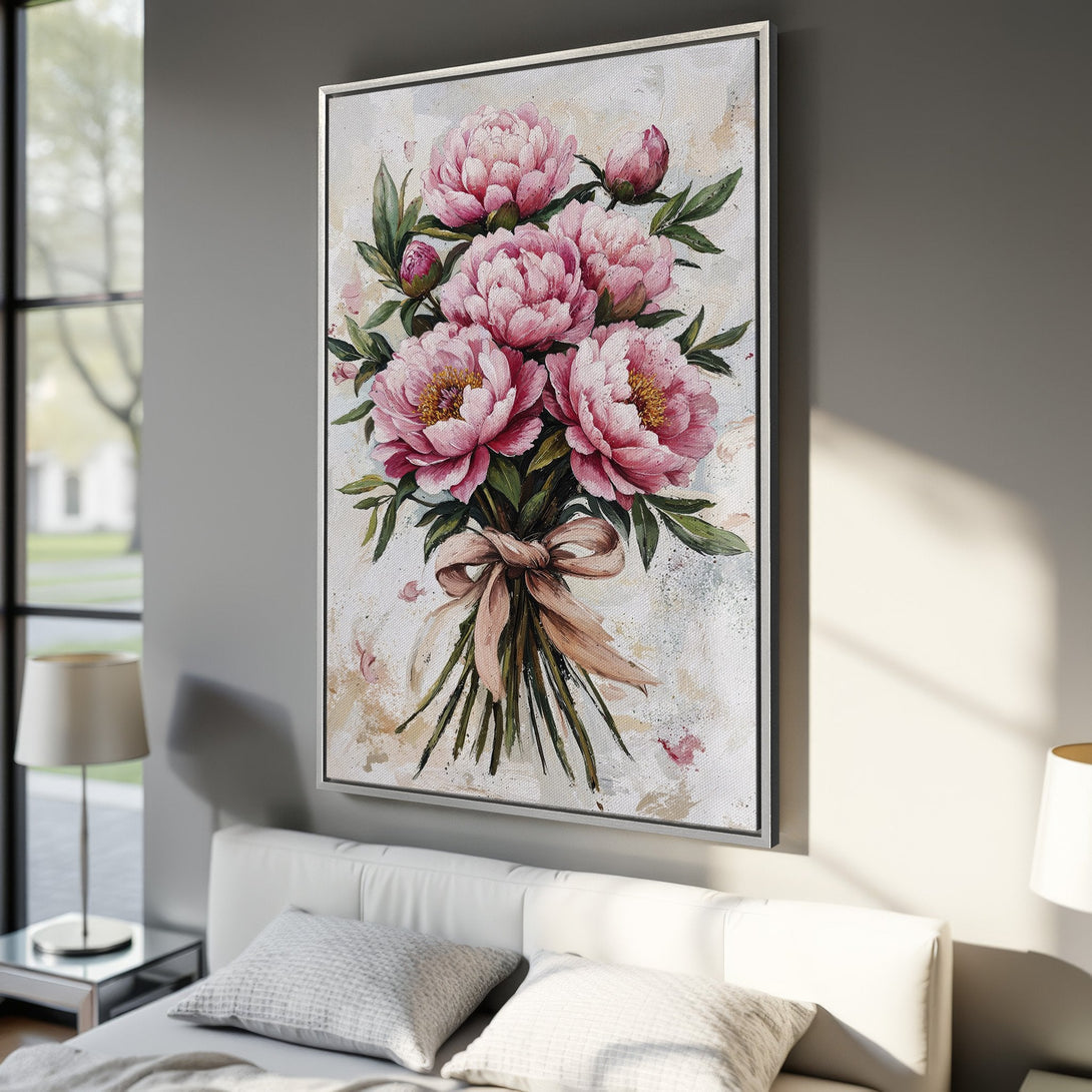 Framed Wall Art featuring a beautiful bouquet of pink peonies. Elegant floral art with a soft, painterly style and a warm, neutral color palette. Perfect bedroom decor.