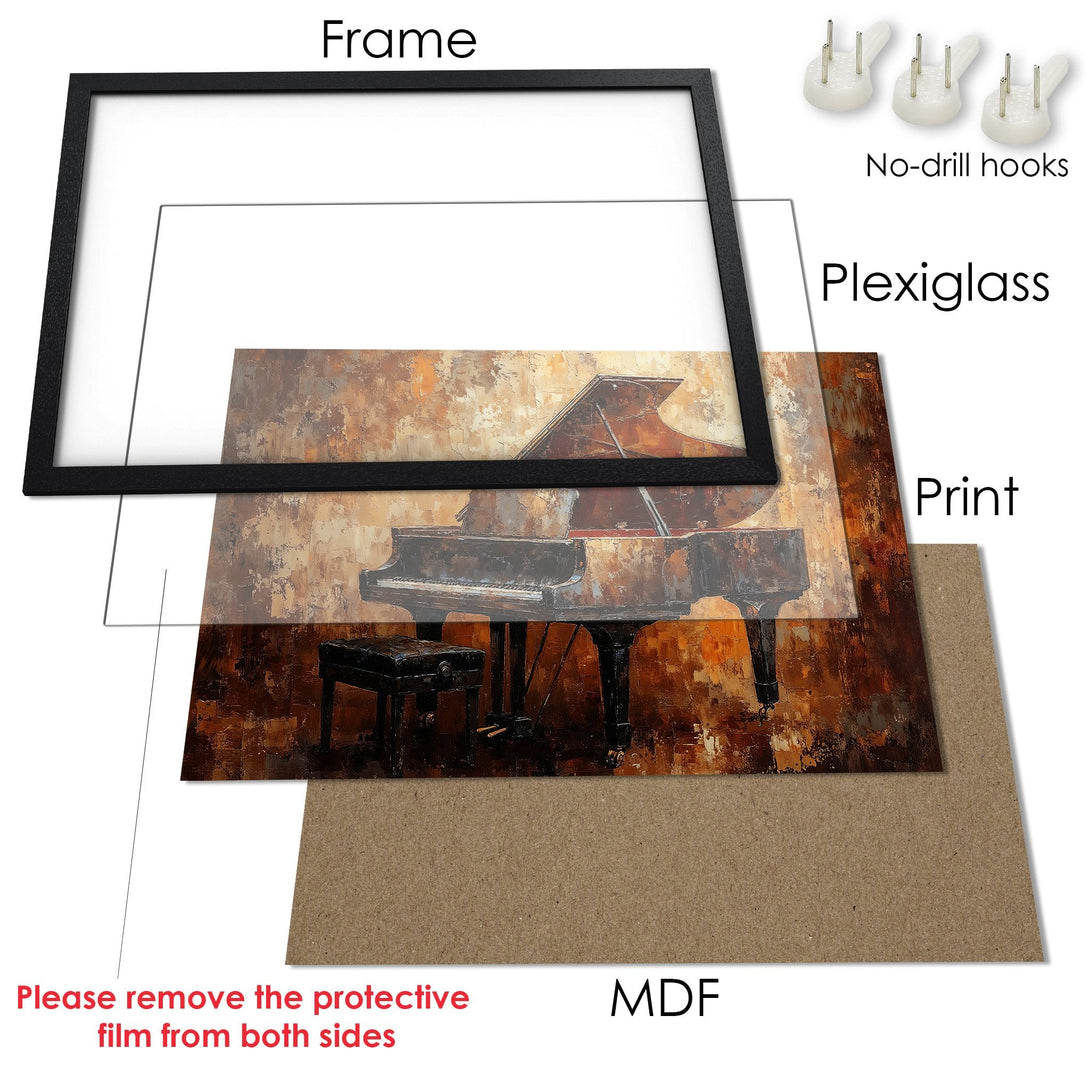 Framed Poster featuring a piano painting in warm brown tones. Perfect art for your home decor!