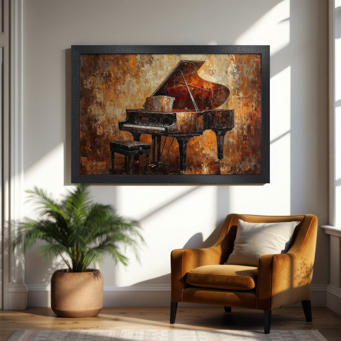 Framed Poster of a grand piano in an impressionist style. Warm, earthy color palette perfect for home decor.